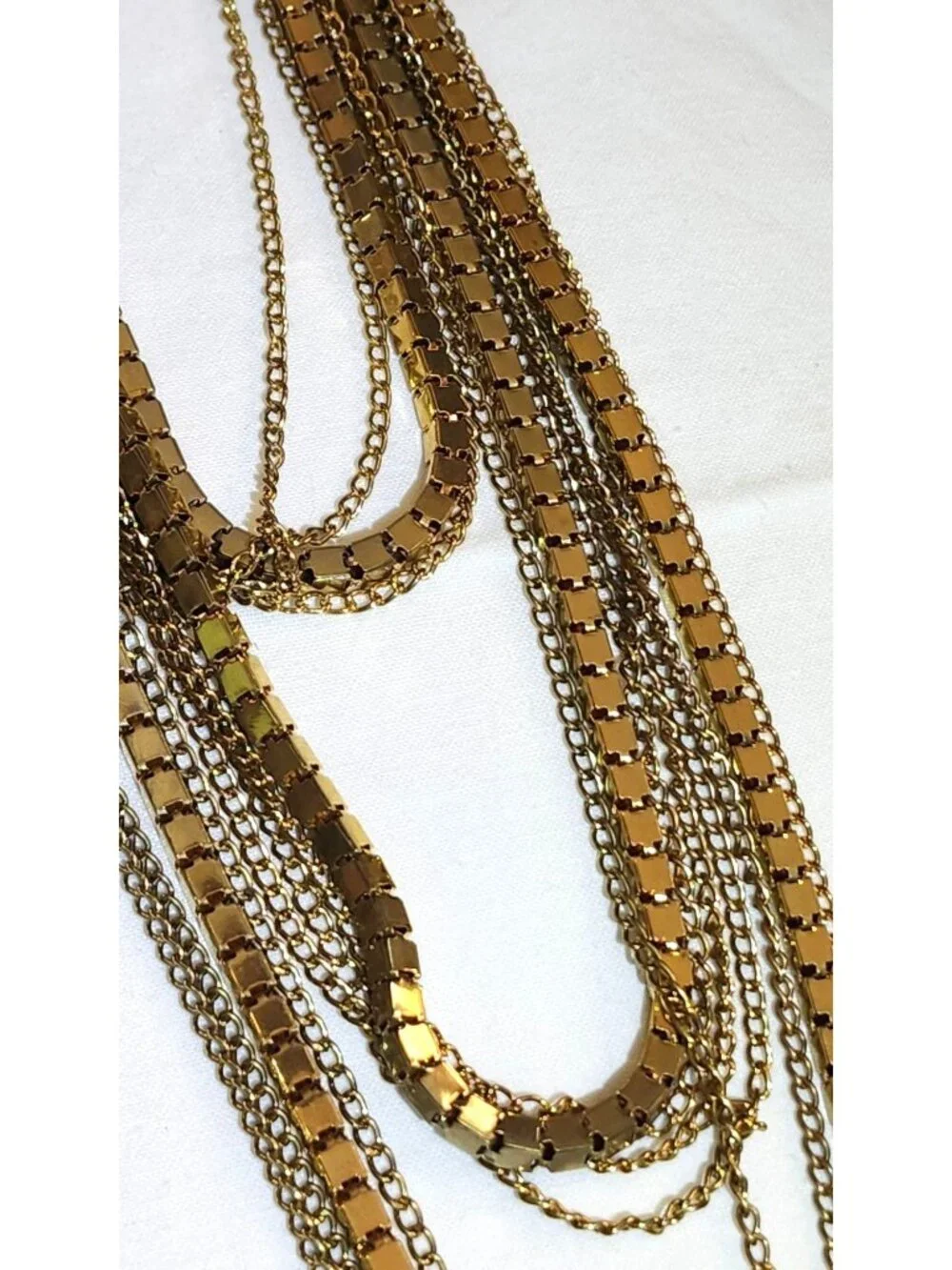 Vintage 1980s Multi Strand Gold Tone Necklace Block & Link Chains Disco Flapper